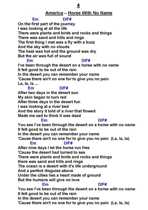 A Horse with No Name Lyrics by America from the 70s Music Explosion [Time Life] album- including song video, artist biography, translations and more: On the first part of the journey I was looking at all the life There were plants and birds and rocks and things Ther…